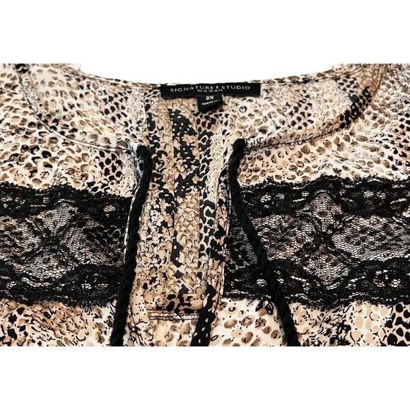 SIGNATURE STUDIO LONG SLV V-NECK TIE/KEYHOLE PULL-OVER TOP, WOMENS, 2X-TAN BROWN - Picture 2 of 10